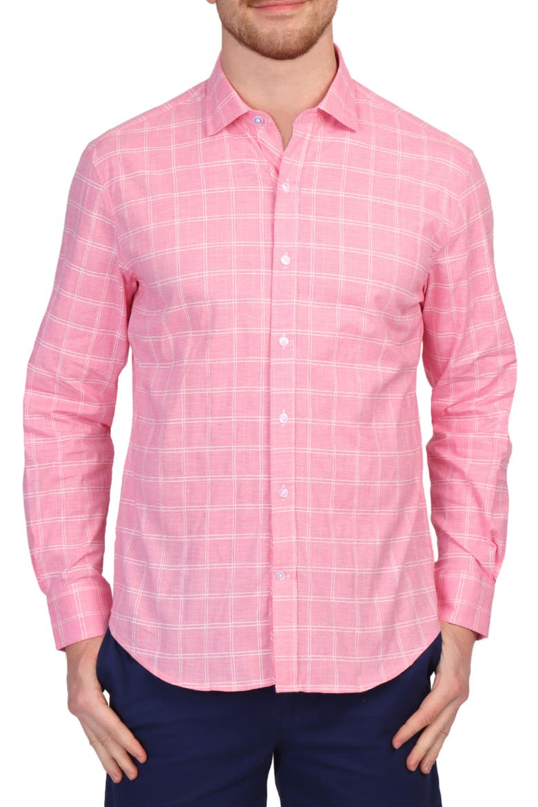 Windowpane Stretch Cotton Button Down Shirt, Main, color, SUNWASHED RED