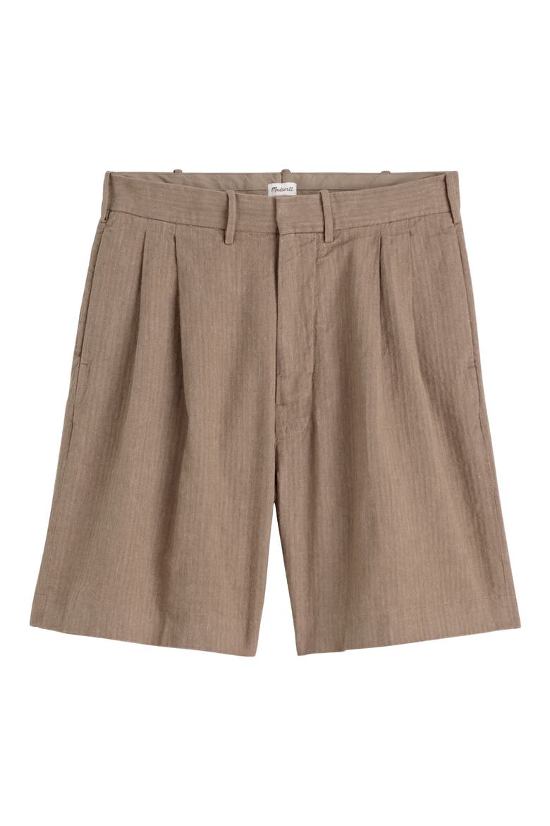 Herringbone Double Pleated Cotton & Linen Shorts, Alternate, color, OLIVE