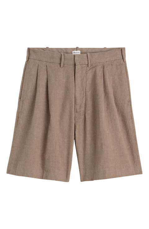 Herringbone Double Pleated Cotton & Linen Shorts
