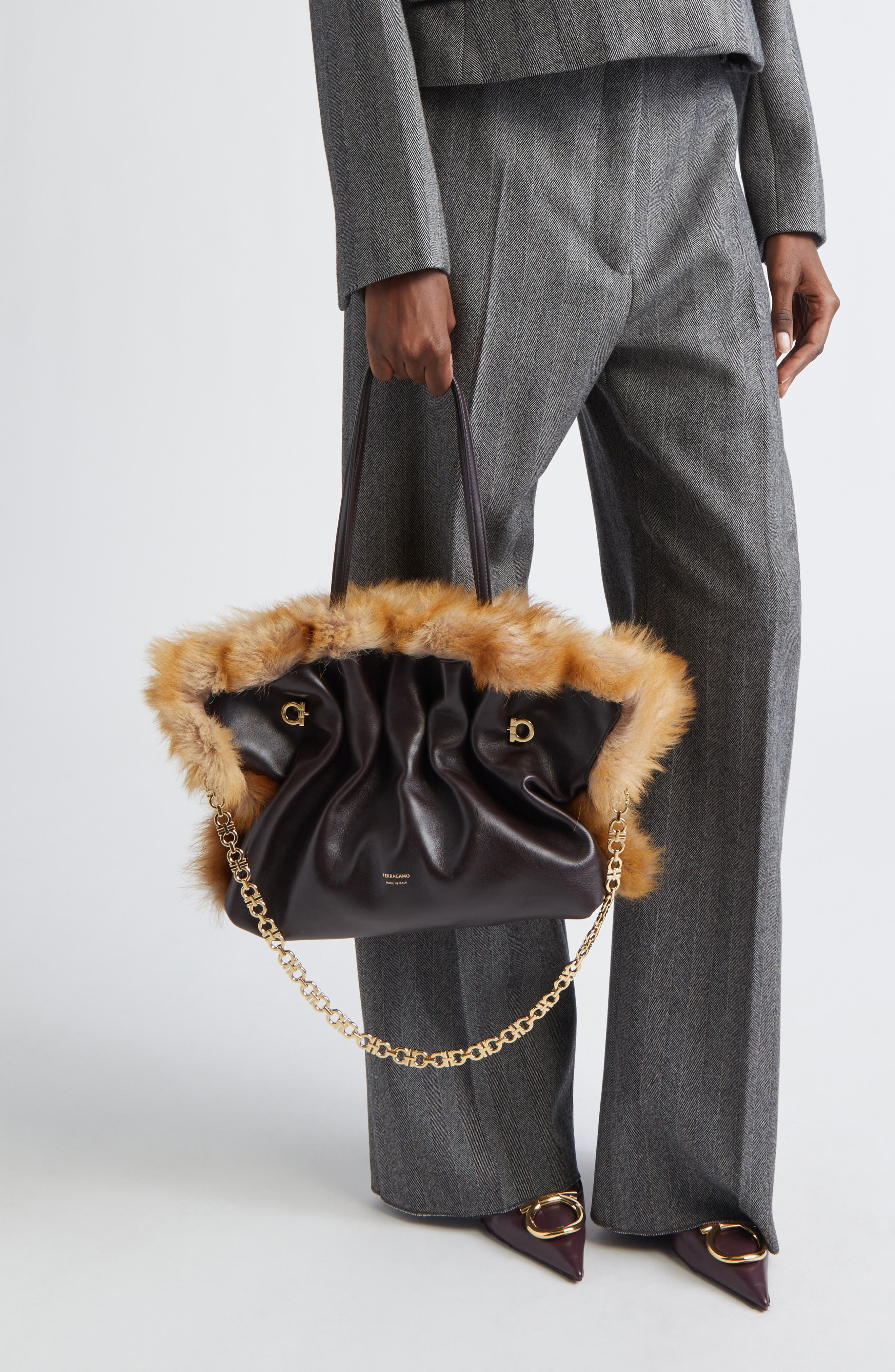 FERRAGAMO Medium Gancio Piercing Soft Leather & Genuine Shearling Shoulder Bag, Alternate, color, Naturale