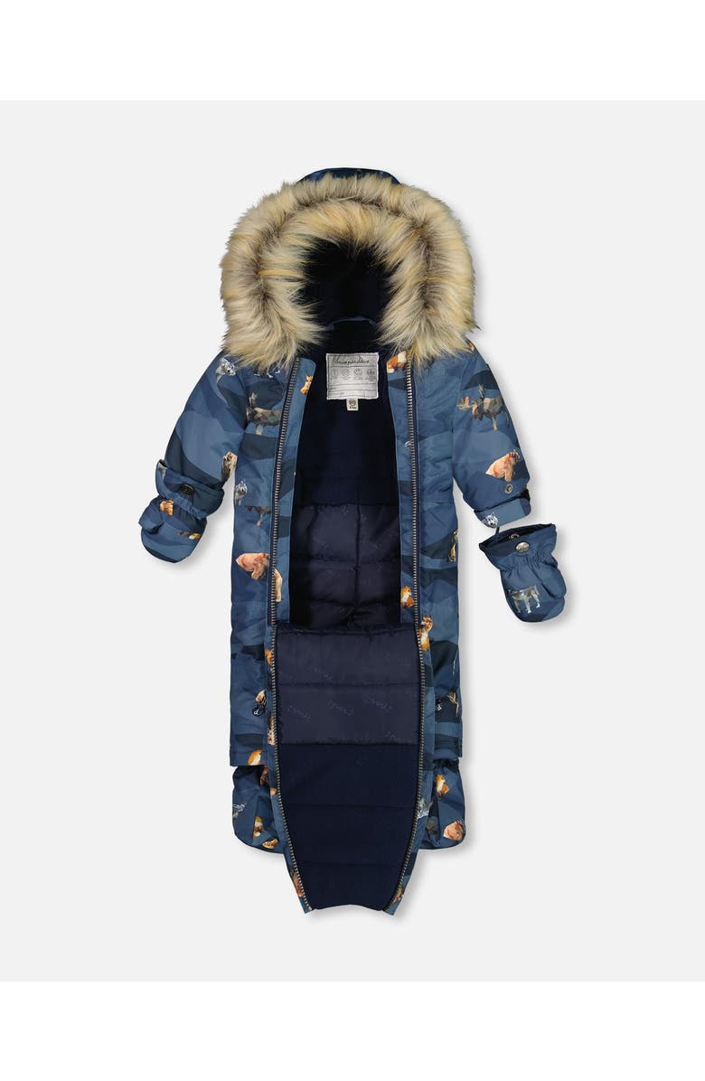 Deux par Deux Baby Boy's One Piece Baby Snowsuit Navy Printed Mountains Animals Designed For Car Seat, Alternate, color,