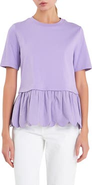English Factory Mixed Media Scallop Peplum Cotton Top