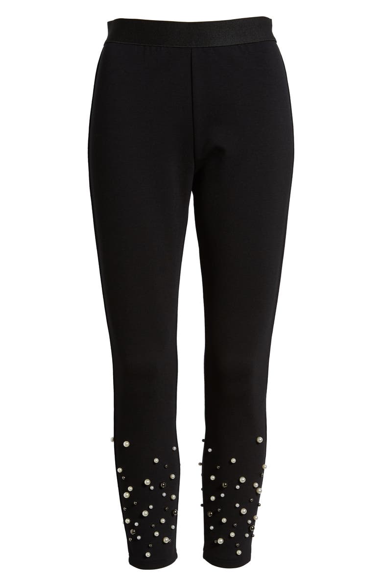 Nordstrom Imitation Pearl Embellished Leggings, Alternate, color, Black