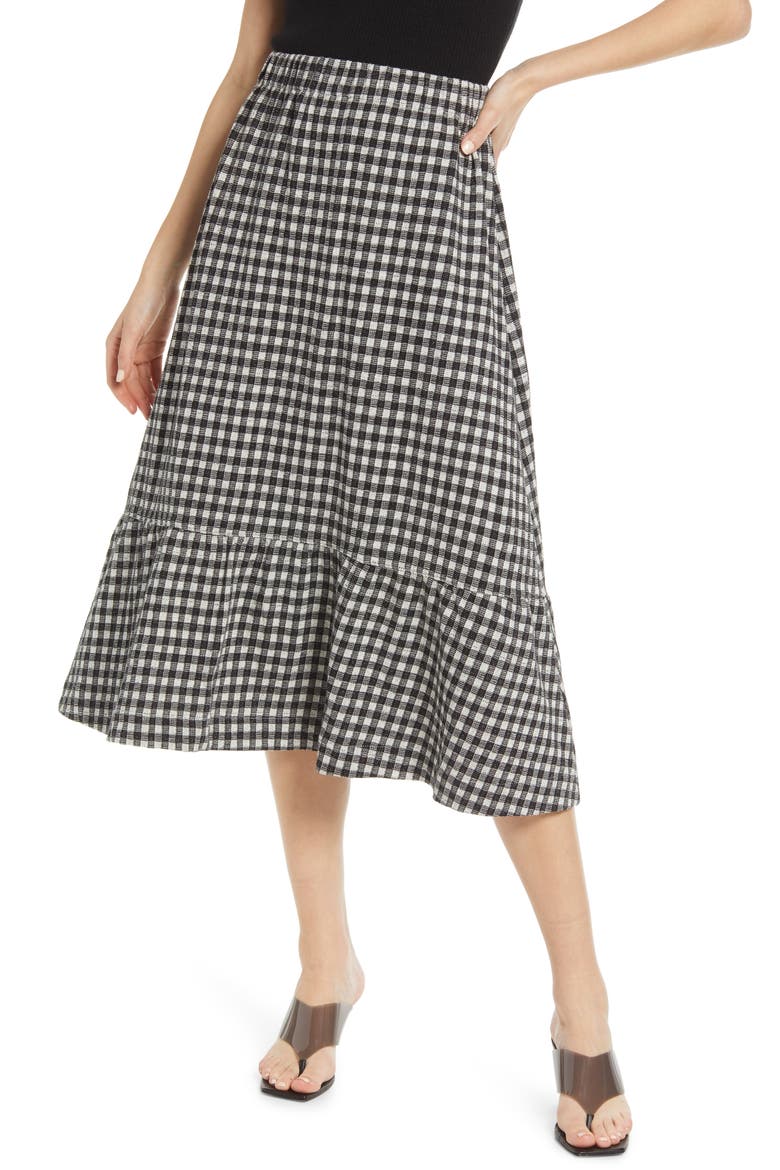 Gingham Seersucker Knit Pull-On Midi Skirt, Main, color, TRUE BLACK