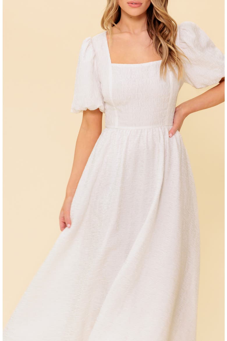Puff Sleeve Tie Back Fit & Flare Midi Dress, Alternate, color, IVORY
