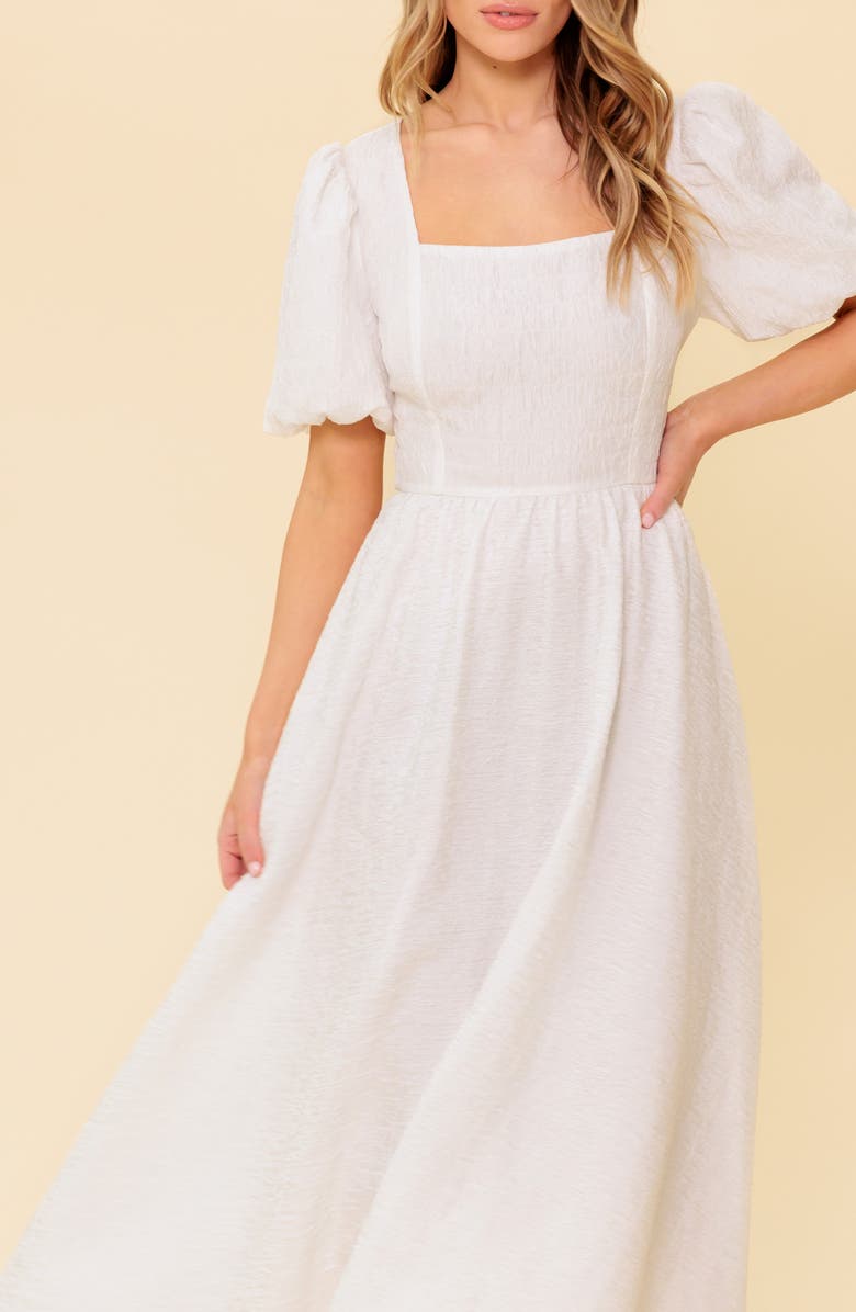 FLYING TOMATO Puff Sleeve Tie Back Fit & Flare Midi Dress, Alternate, color, 