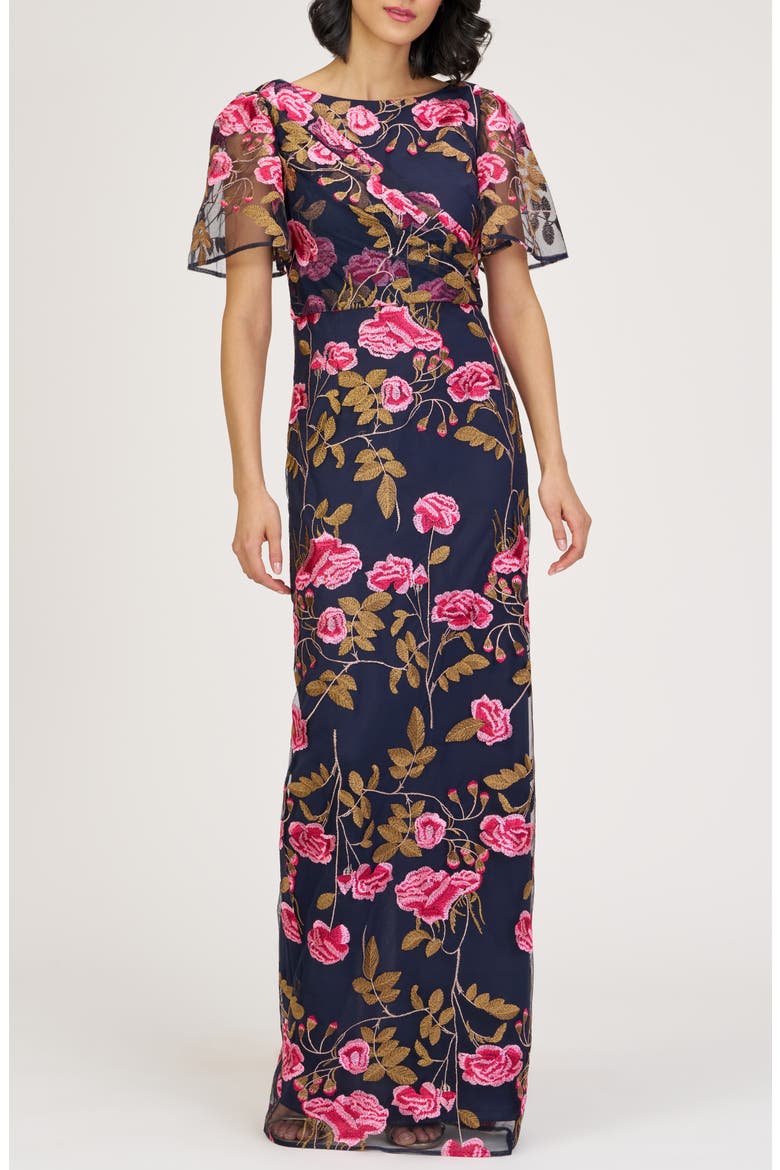 Kristine Floral Embroidery Column Gown, Main, color, NAVY MULTI
