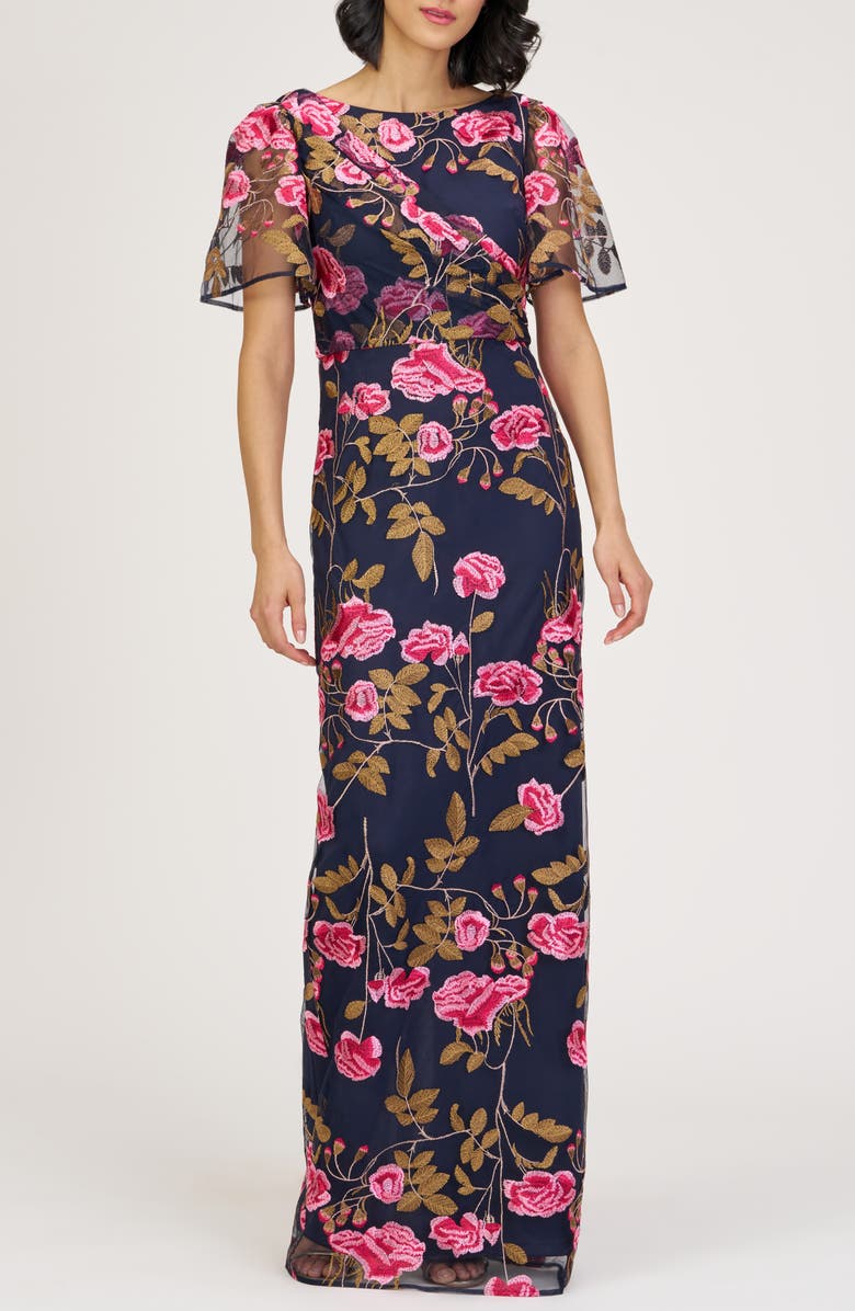 JS Collections Kristine Floral Embroidery Column Gown, Main, color, Navy Multi