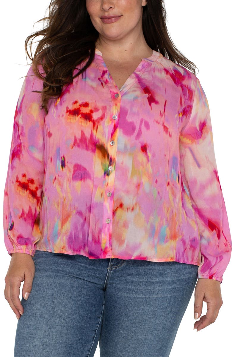 Liverpool Los Angeles Watercolor Shirred Long Sleeve Chiffon Button-Up Top, Main, color, 