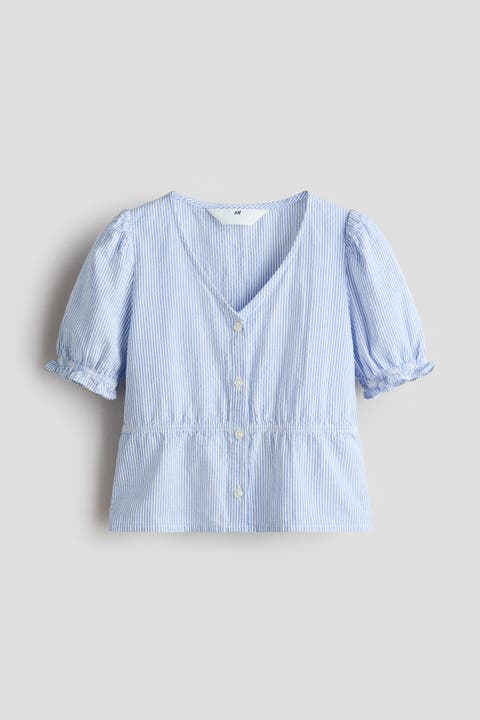 Puff-sleeved Cotton Seersucker Blouse