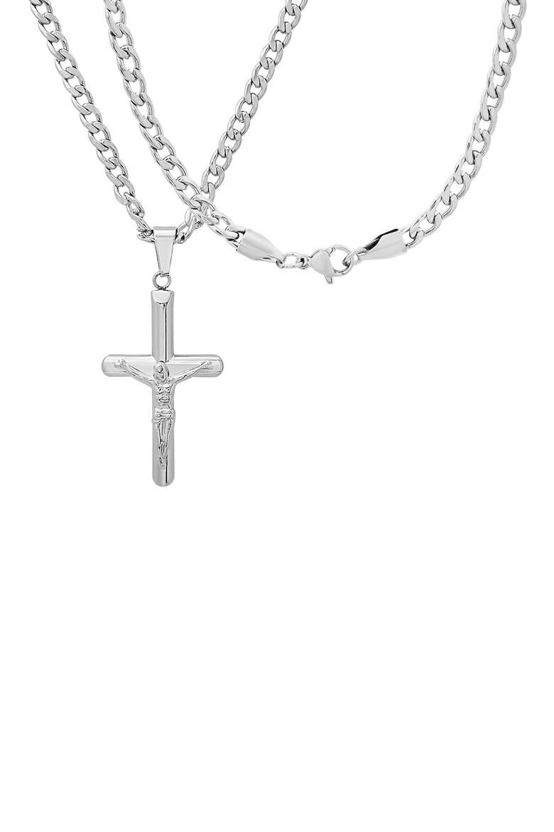 Men's Stainless Steel Tubular Crucifix Pendant Necklace, Alternate, color, SILVER