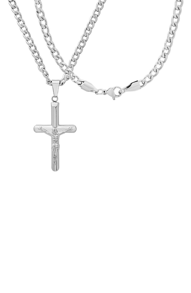 HMY JEWELRY Men's Stainless Steel Tubular Crucifix Pendant Necklace, Alternate, color, Silver