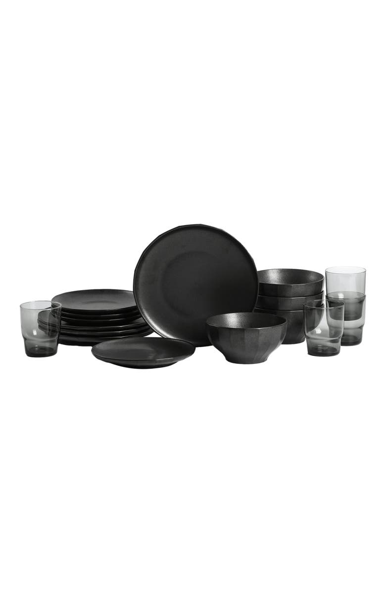 Stone Lain Rio Stoneware 16-Piece Dinnerware Set with Glasses, Main, color, Black