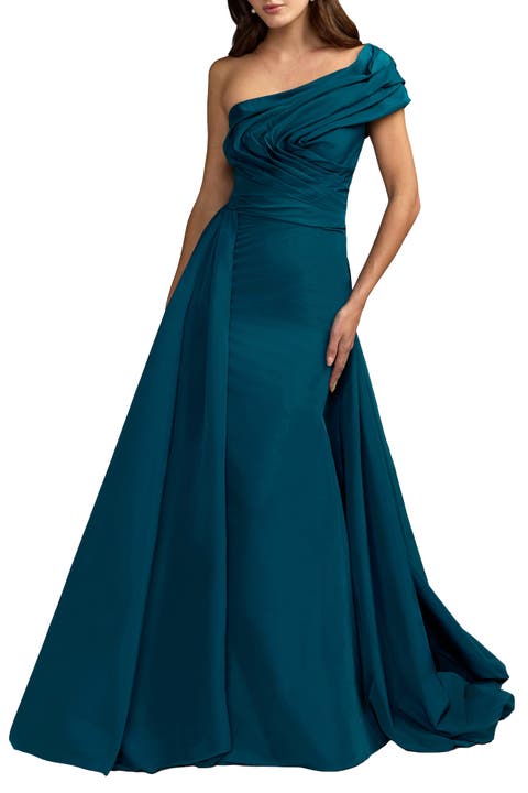 Pleated One Shoulder Gown With Overskirt