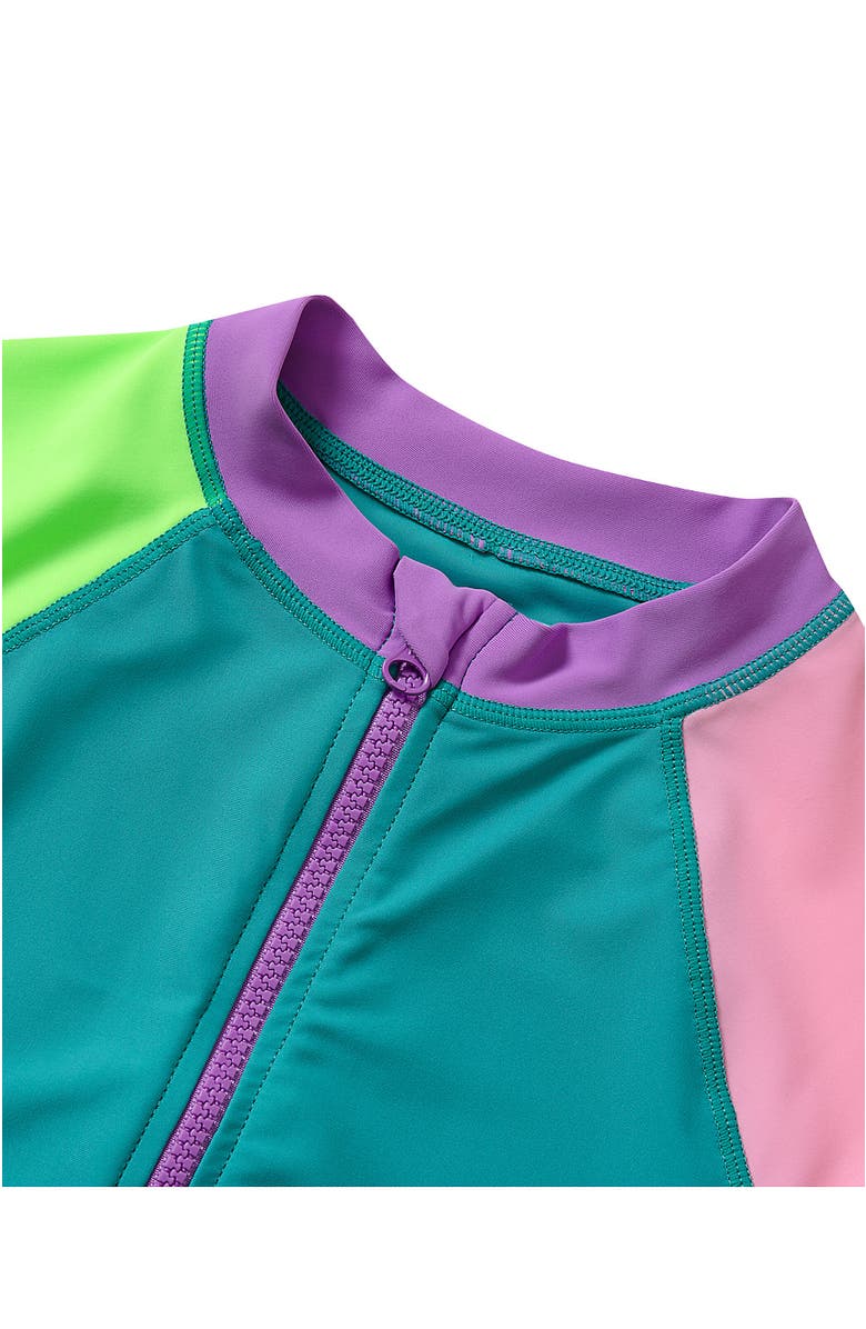 Lands' End Girls Long Sleeve Zip Front UPF 50 Rash Guard, Alternate, color, Teal/Pink/Green Colorblock