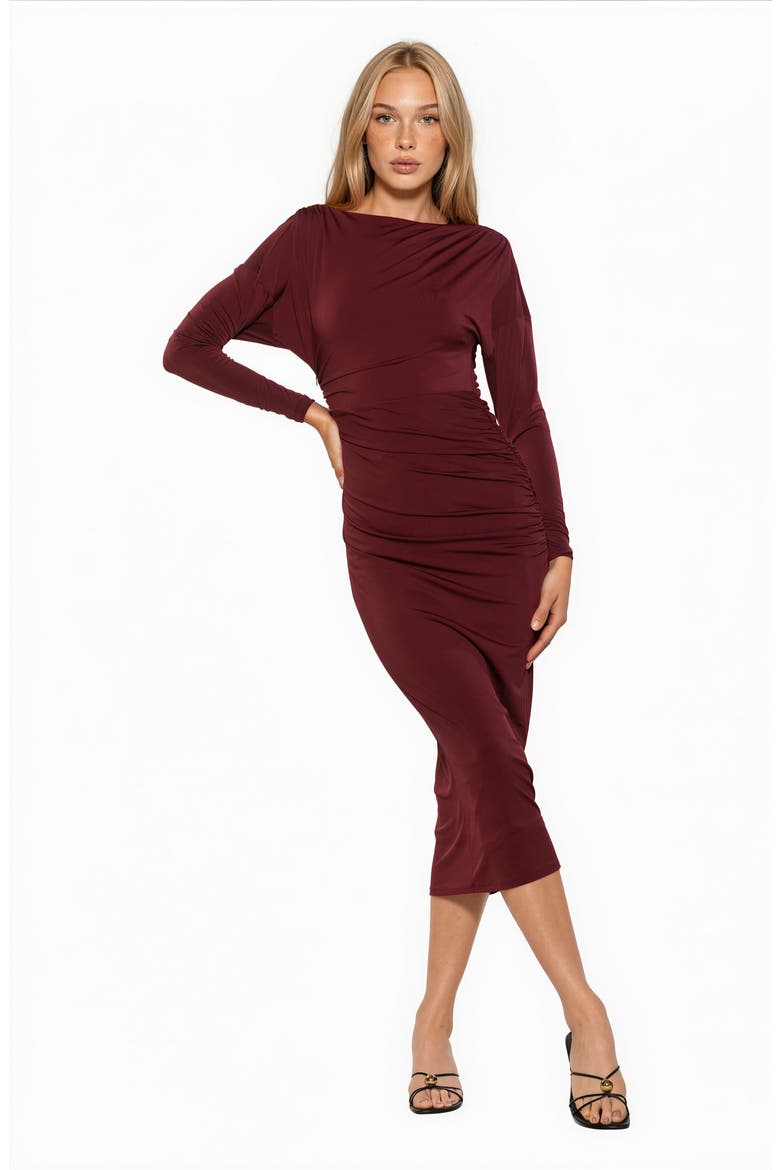 Oliviane Ruched Long Sleeve Stretch Midi Dress, Alternate, color, BURGUNDY