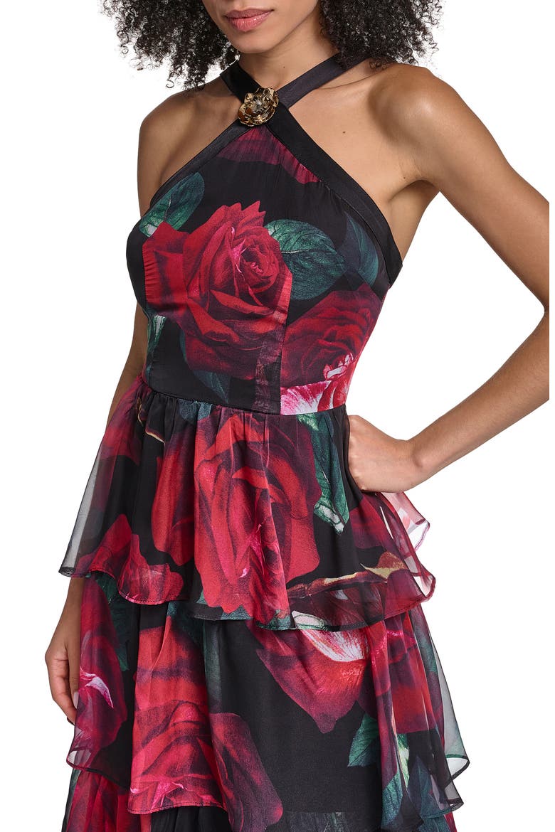 Floral Halter Neck Tiered Gown, Alternate, color, BLACK MULTI
