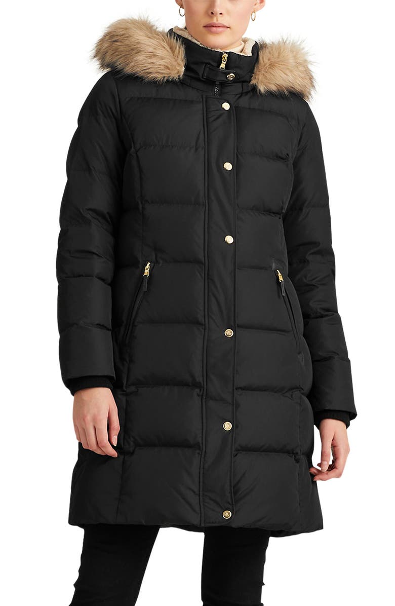 Lauren Ralph Lauren Faux Fur Trim Down Puffer Coat, Main, color,