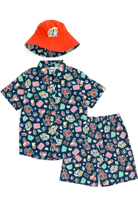Button-Down Shirt and Shorts Set with Hat