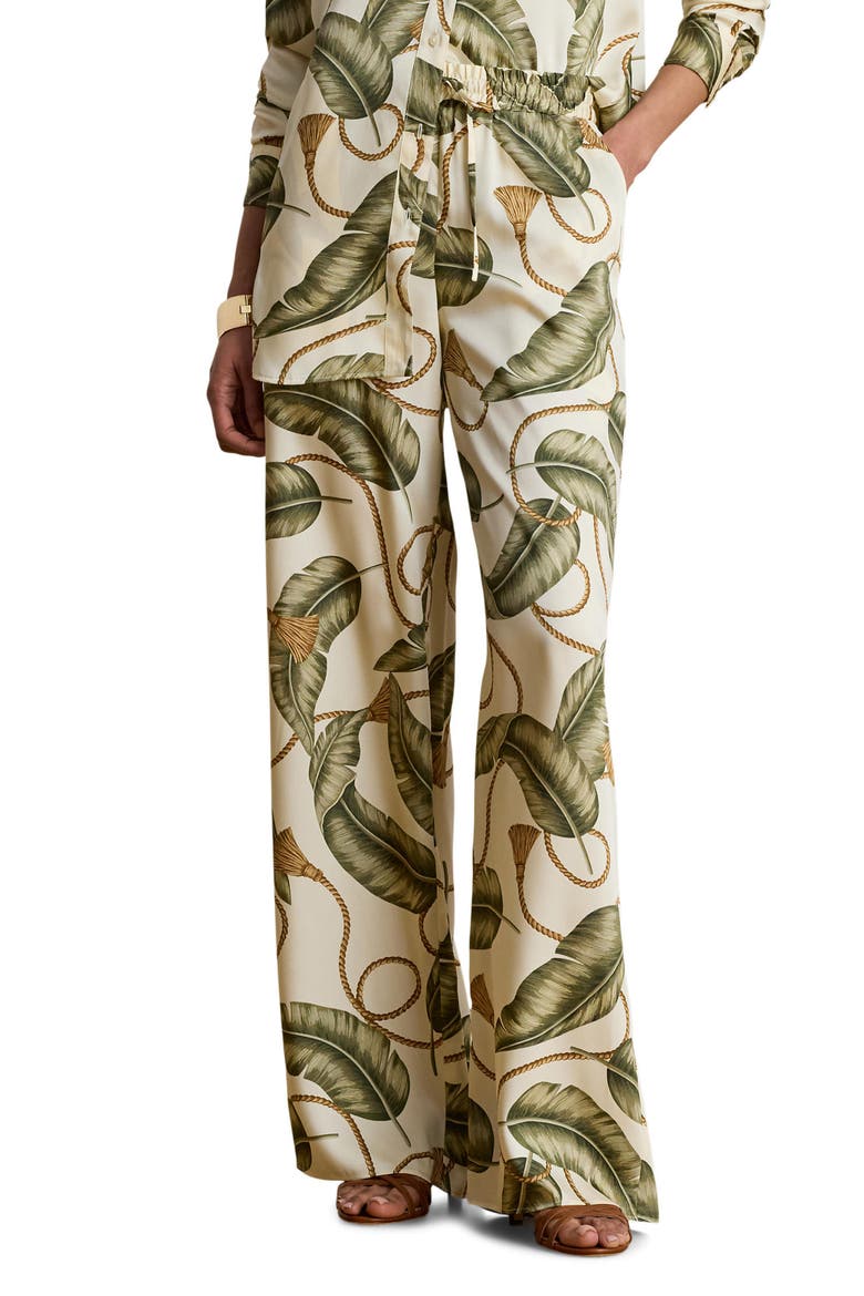 Palm Leaf & Rope Print Luxe Twill Drawstring Pants, Main, color, CREAM/ MULTI