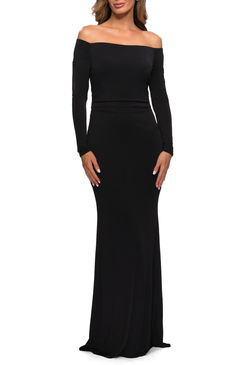 La Femme Off the Shoulder Long Sleeve Jersey Gown, Main, color, 