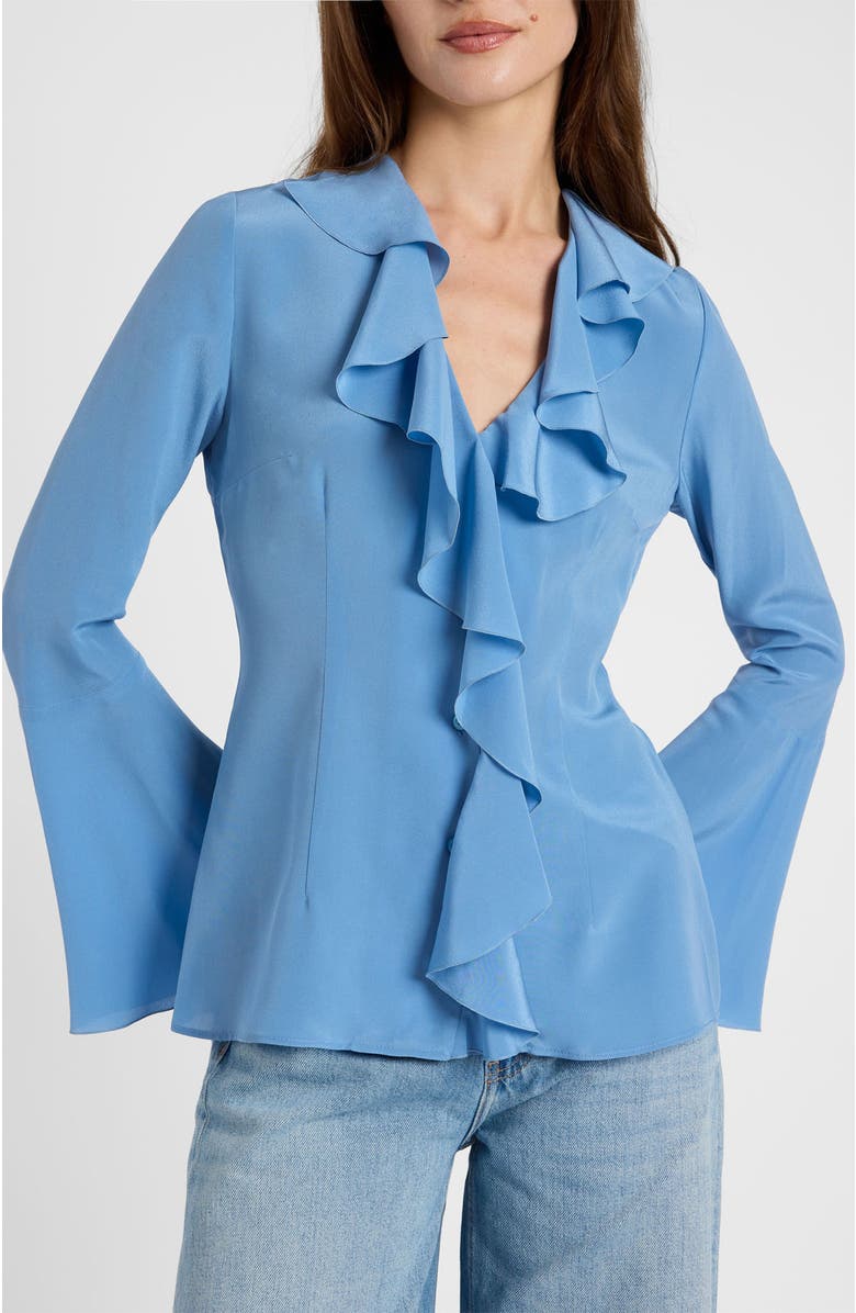 Santorelli Sydney Silk Long Sleeve Ruffle Blouse, Alternate, color, Blue Aura