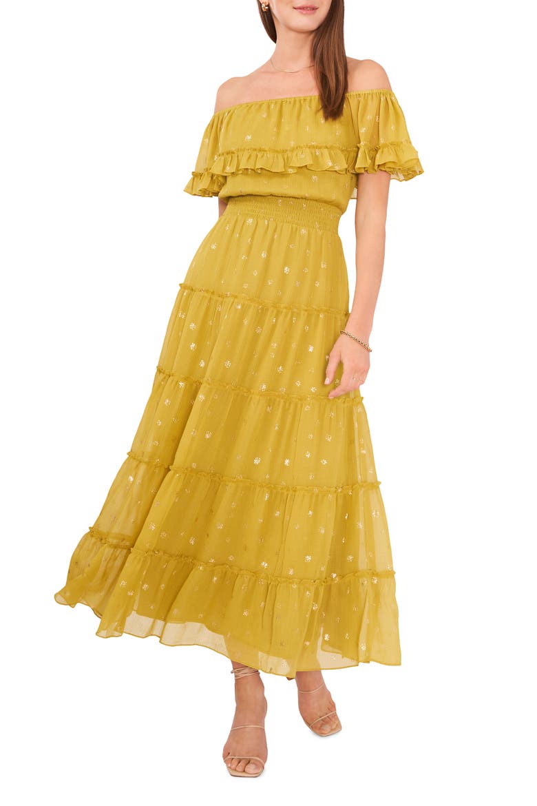 Foil Accent Off the Shoulder Tiered Dress, Main, color, AVACADO