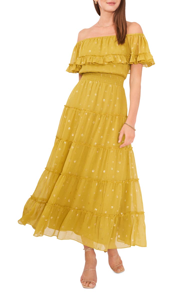 Vince Camuto Foil Accent Off the Shoulder Tiered Dress, Main, color, 
