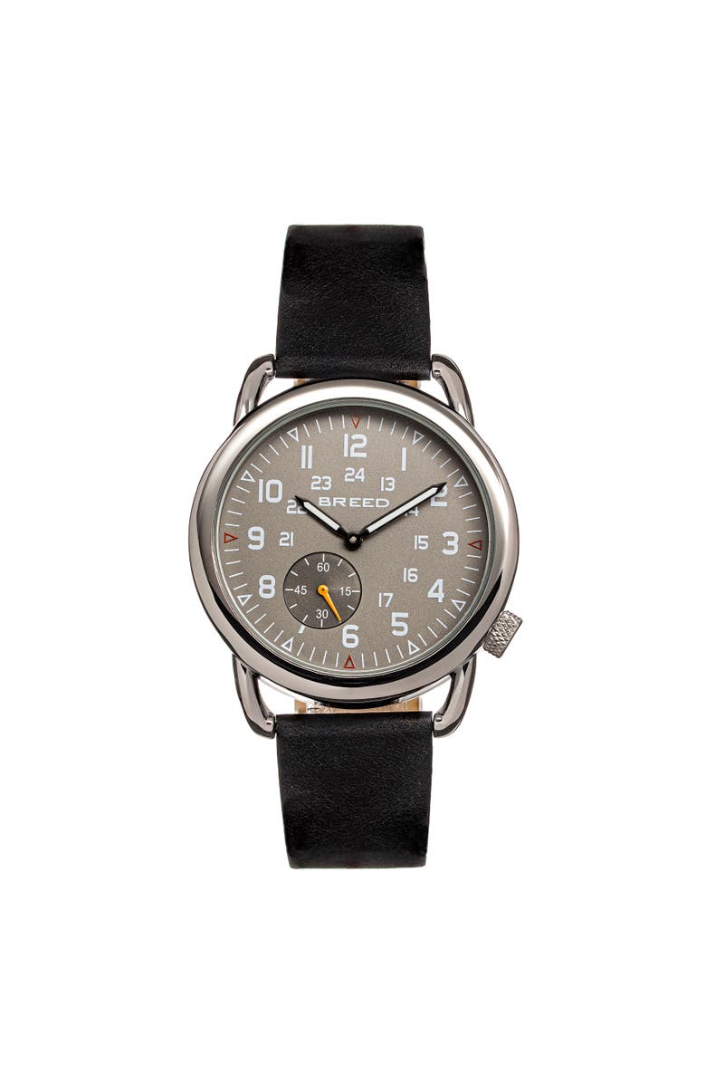 BREED Regulator Leather-Band Watch w/Second Sub-dial, Main, color, Black/Gunmetal