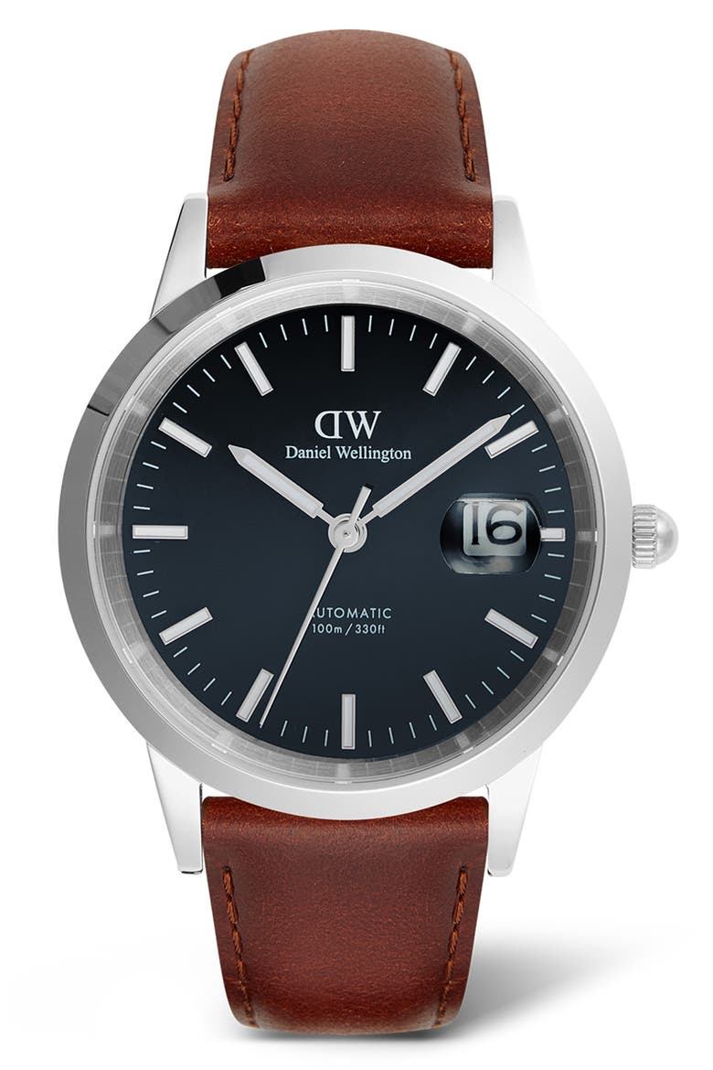 Iconic Automatic Leather Strap Watch, 40mm, Main, color, BROWN/ SILVER