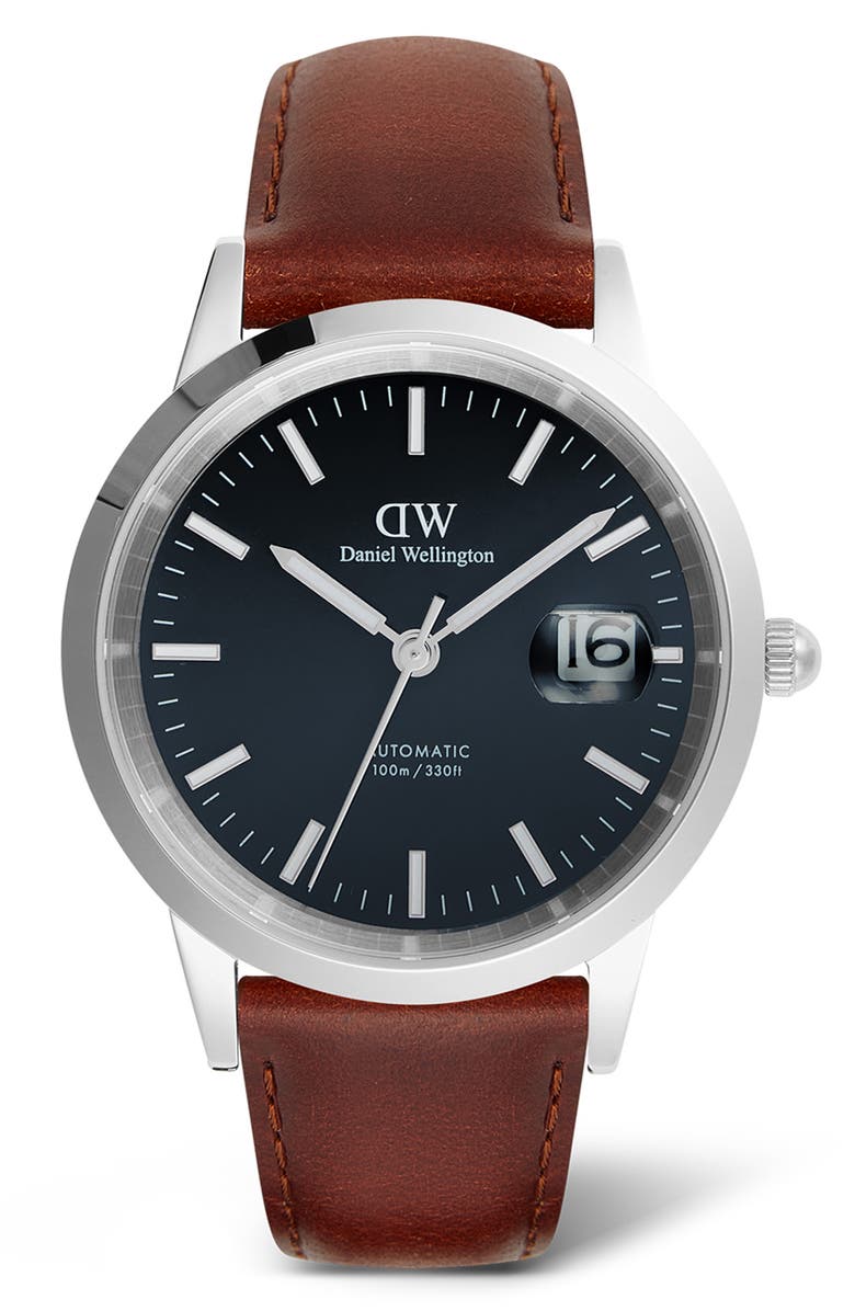 Daniel Wellington Iconic Automatic Leather Strap Watch, 40mm, Main, color, Brown/ Silver