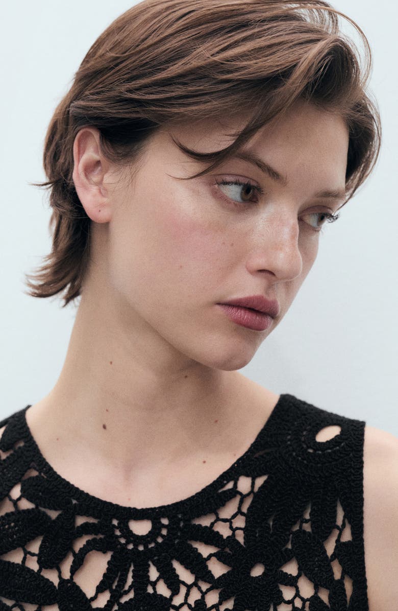 MANGO Floral Sheer Cotton Blend Lace Tank Top, Alternate, color, Black