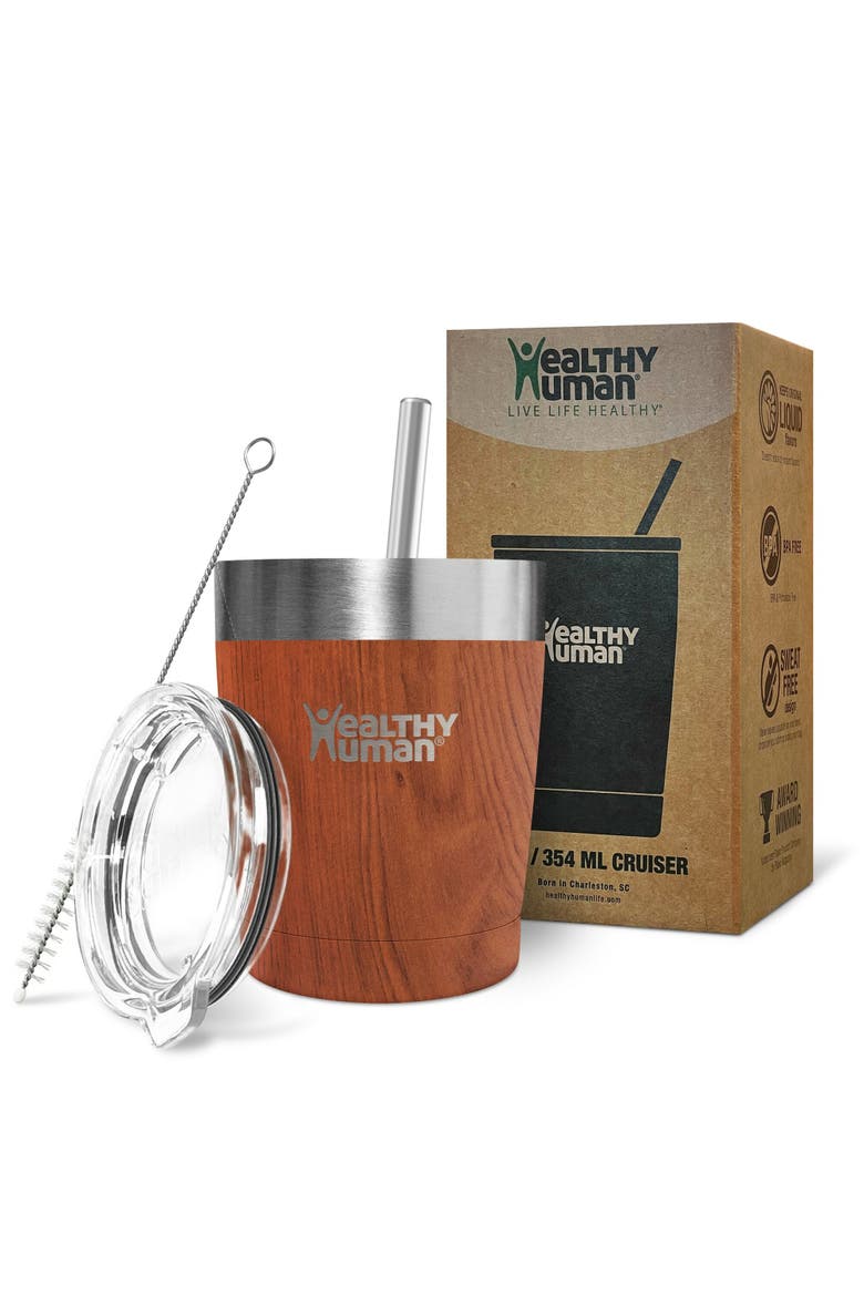 Stainless Steel Tumbler with Straw, 12 oz Natural Wood, Alternate, color, Brown
