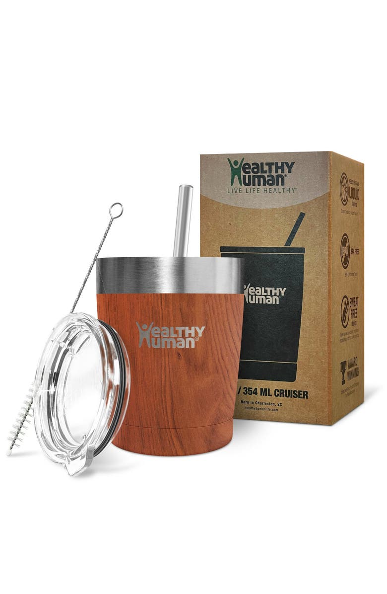 Healthy Human Stainless Steel Tumbler with Straw, 12 oz Natural Wood, Alternate, color, Brown