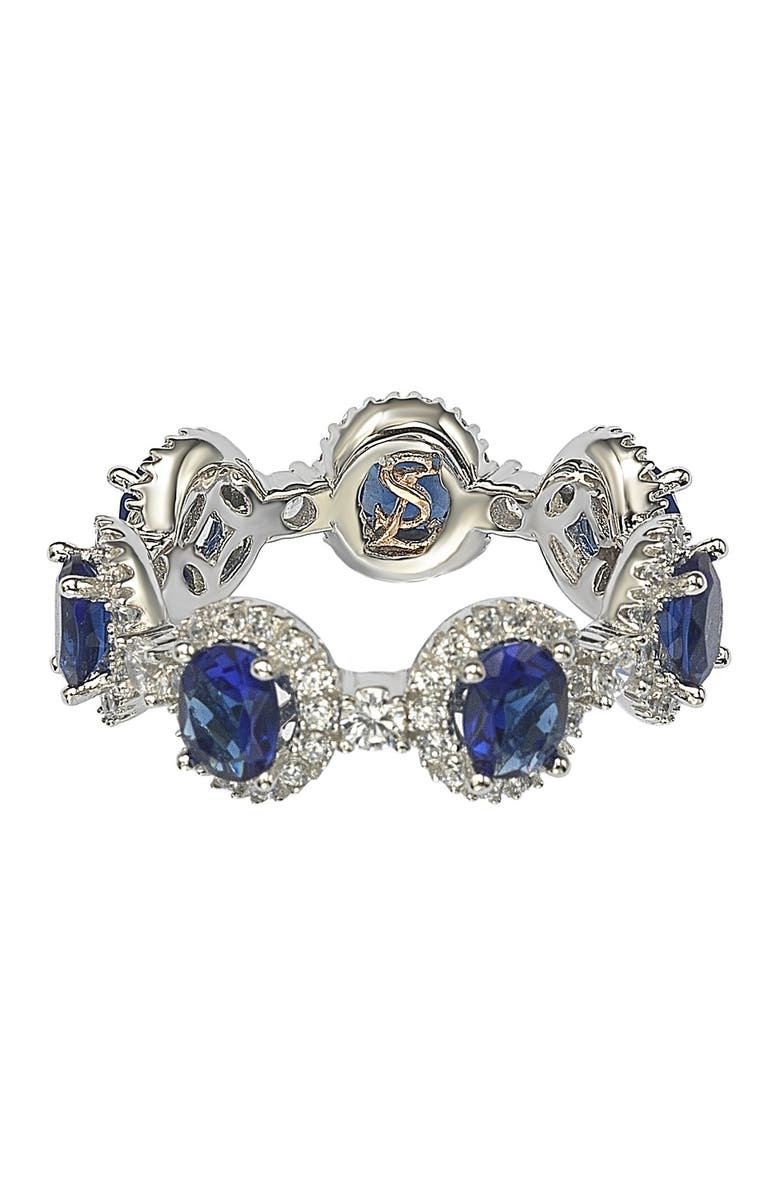 SUZY LEVIAN Sterling Silver Prong Set Blue CZ & Pave Halo Station Eternity Band Ring, Alternate, color, 