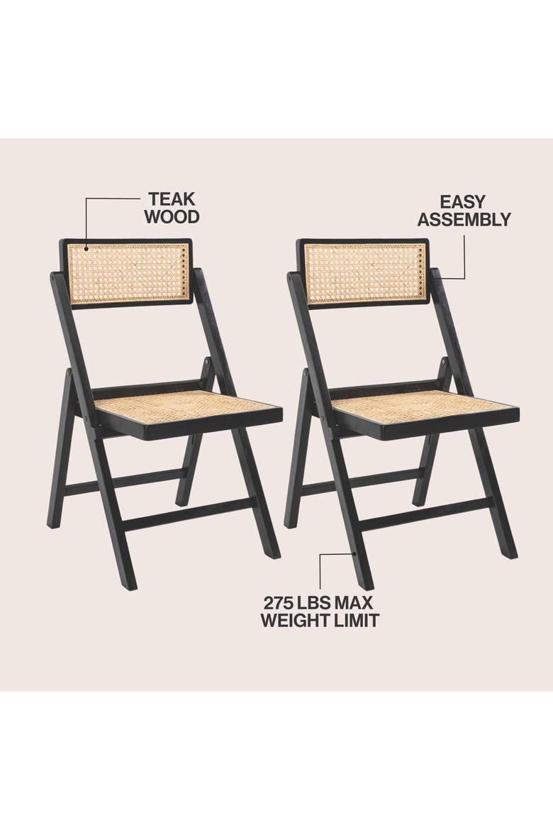 Theo Mid-Century Wood and Rattan Armless Folding Chairs, Set of 2 Woven Cane Seats for Dining and Living Room, Alternate, color, Black