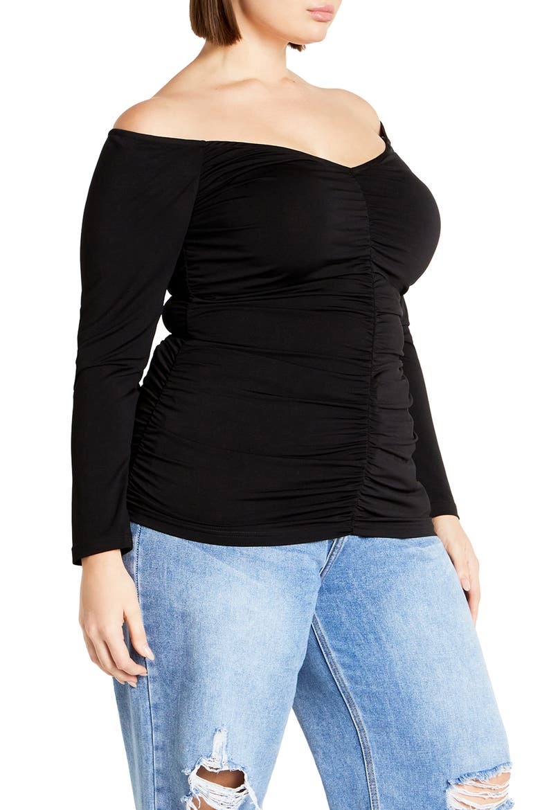 Sally Ruched Off the Shoulder Top, Alternate, color, BLACK
