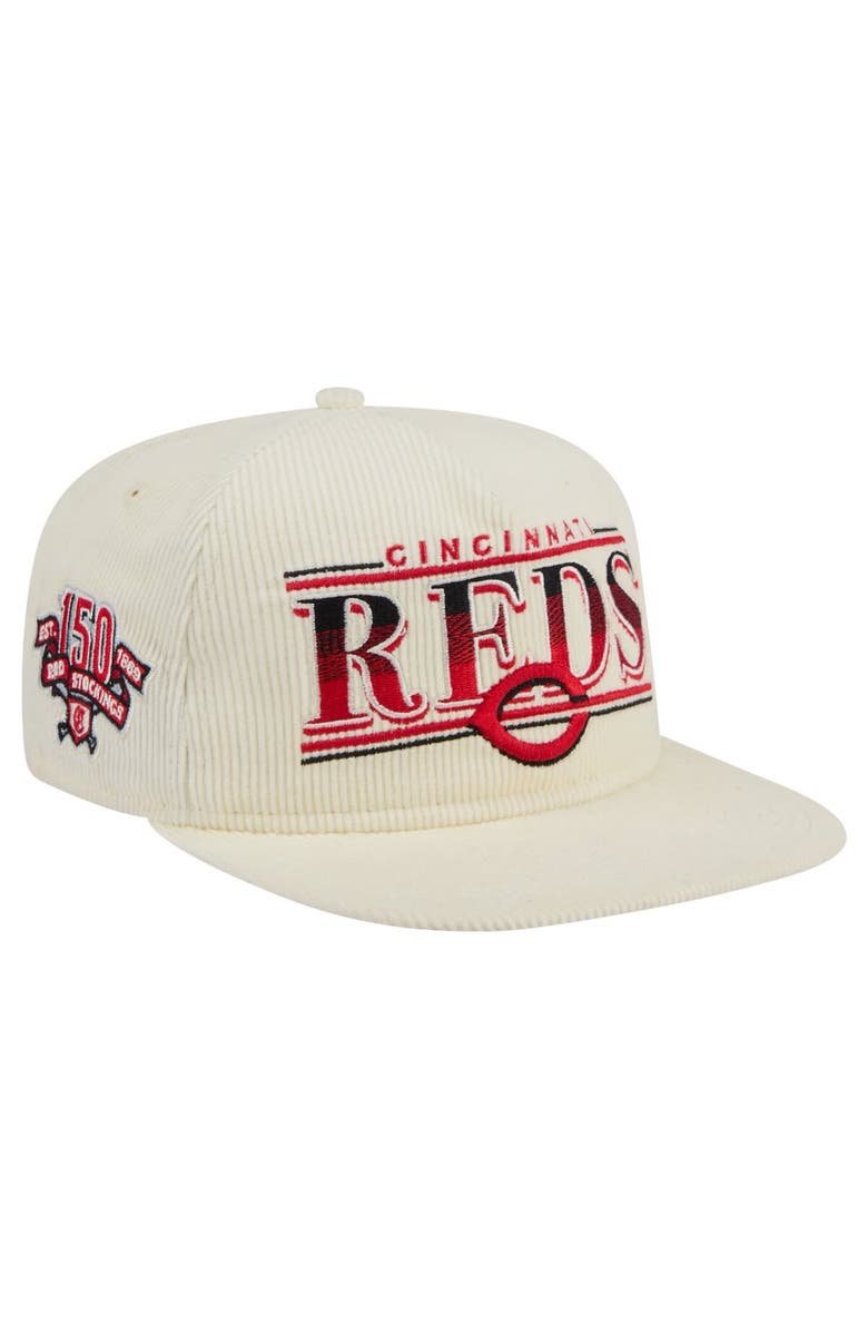 New Era Men's New Era Cream Cincinnati Reds Throwback Bar Golfer Corduroy Snapback Hat, Alternate, color, 