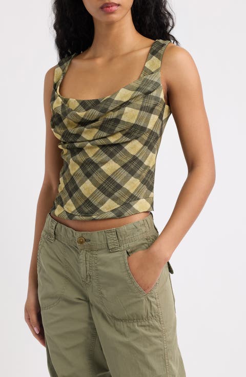 Joan Checkered Cowl Neck Corset Tank