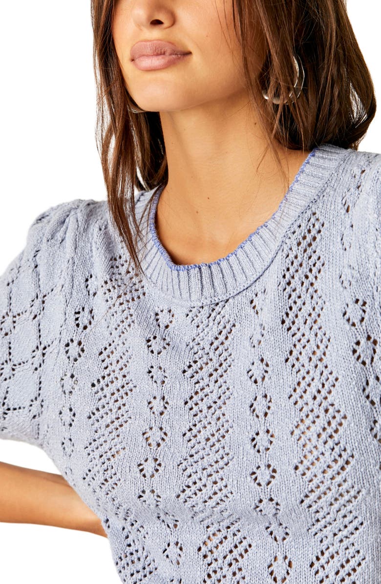 Free People Eloise Open Stitch Puff Shoulder Sweater, Alternate, color, Falling Water Combo