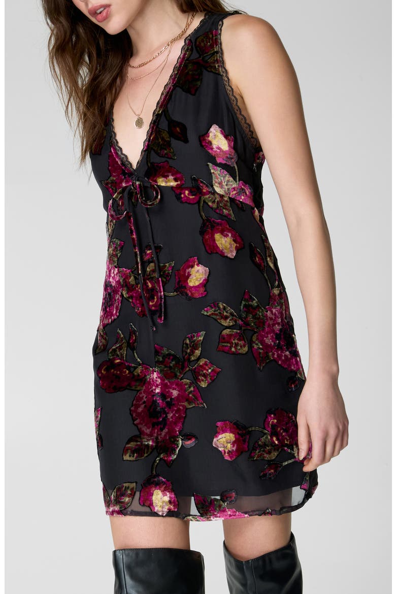 Floral Devore Lace Trim Minidress, Alternate, color, BLACK