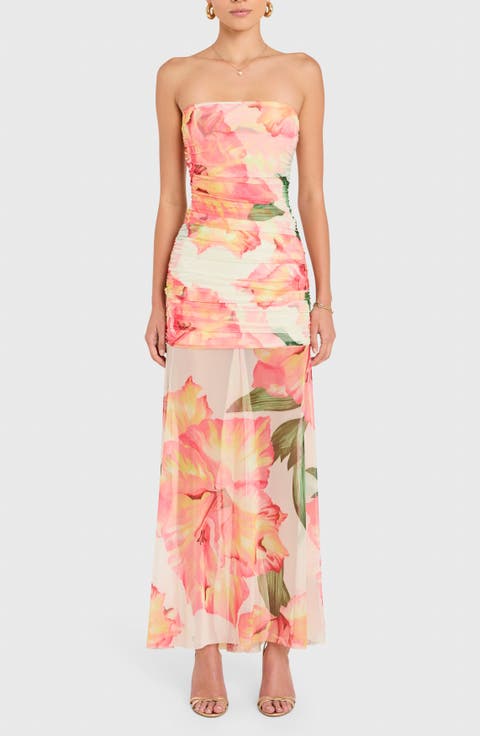 Leo Floral Ruched Strapless Maxi Dress