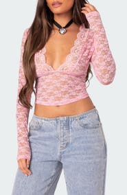 EDIKTED Beck Plunge Neck Lace Crop Top