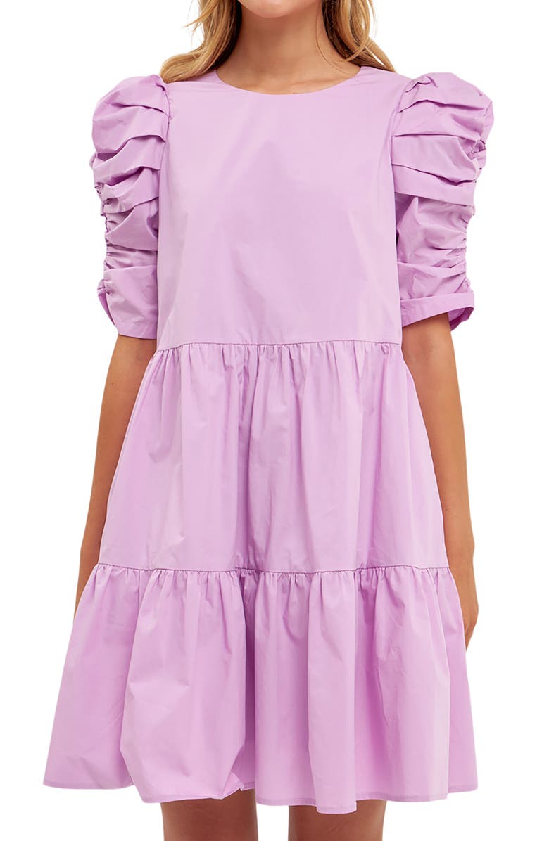 English Factory Pleated Puff Sleeve Tiered Cotton Minidress, Alternate, color, Lilac