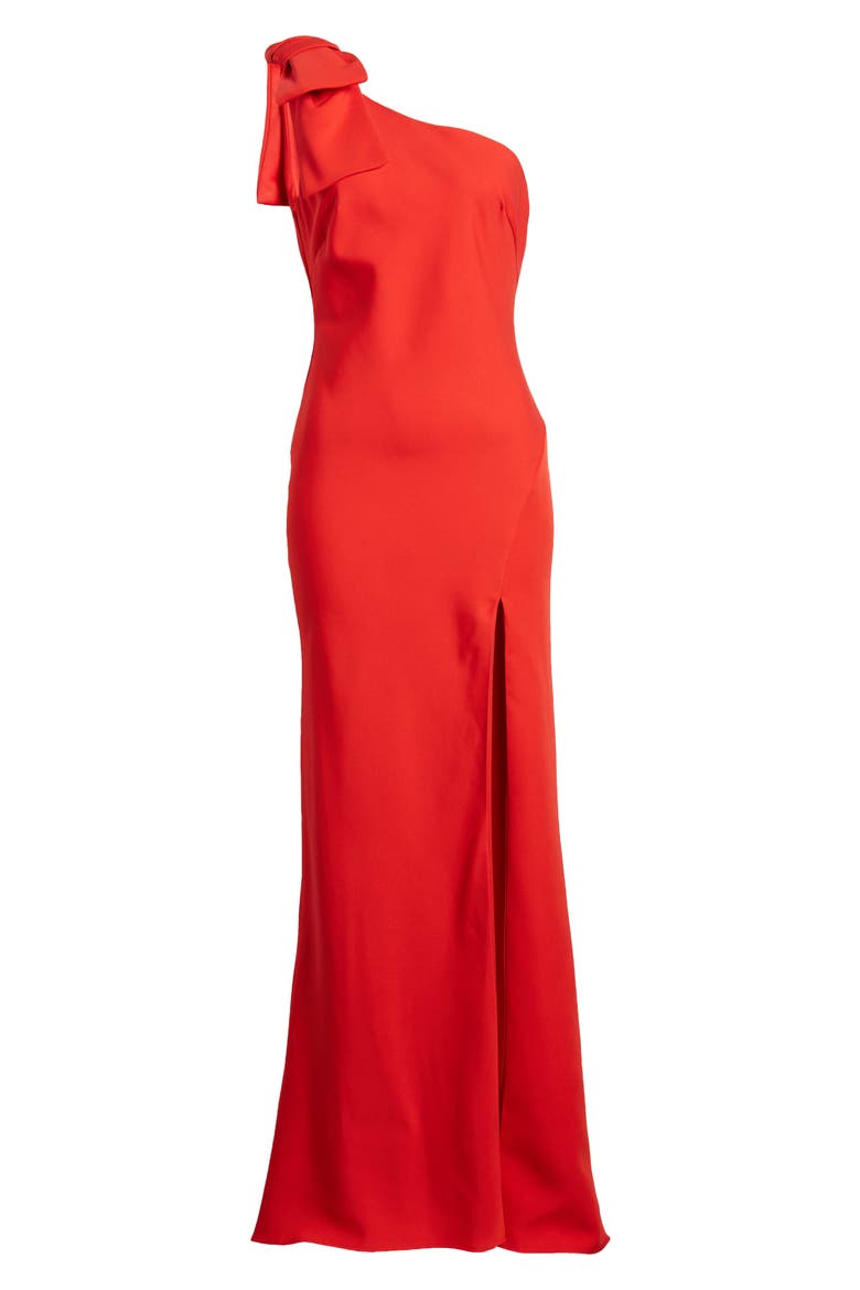 One-Shoulder Stretch-Crepe Gown with Oversized Bow & Thigh-High Slit, Alternate, color, RED