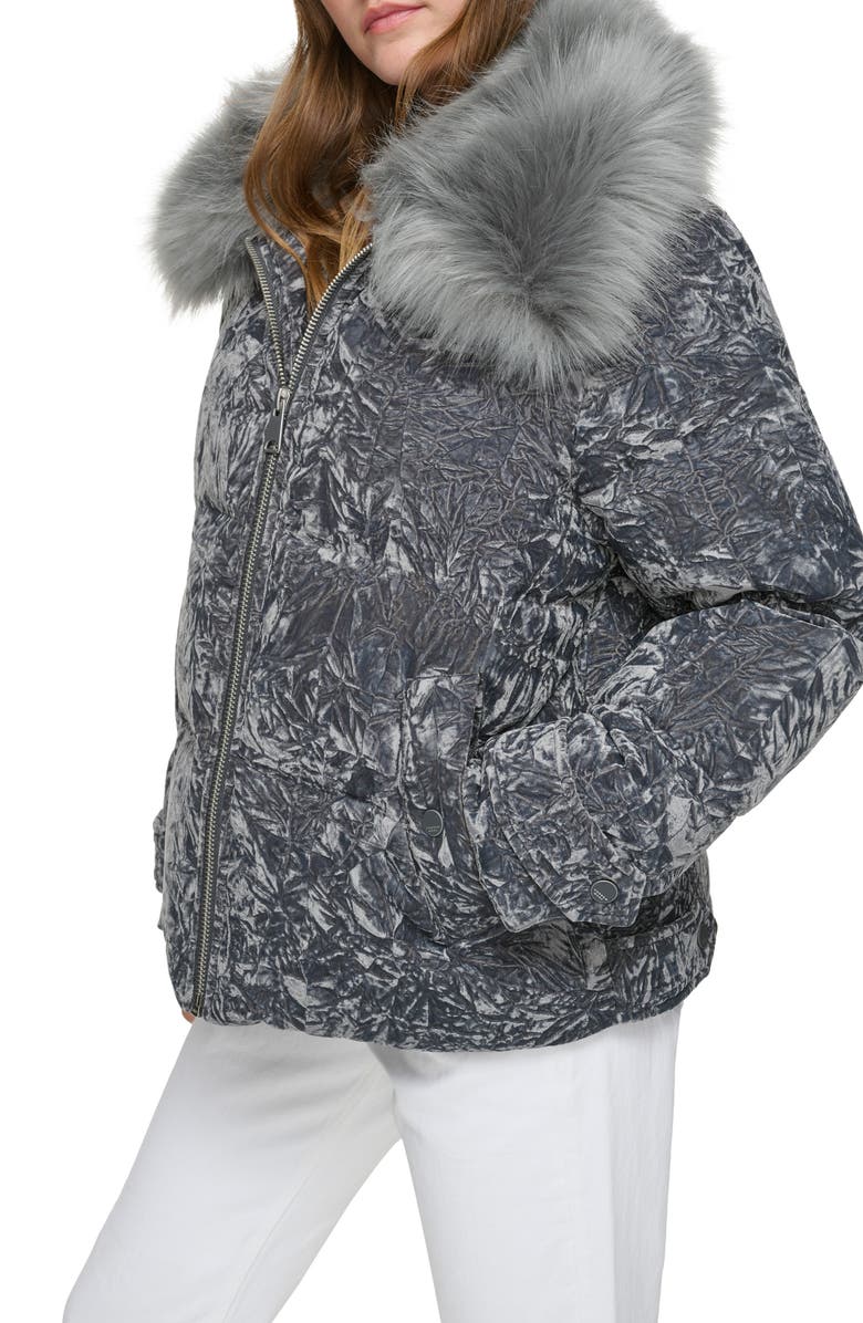 Andrew Marc Charleroi Faux Fur Collar Down & Feather Fill Velvet Puffer Jacket, Alternate, color, Peppercorn