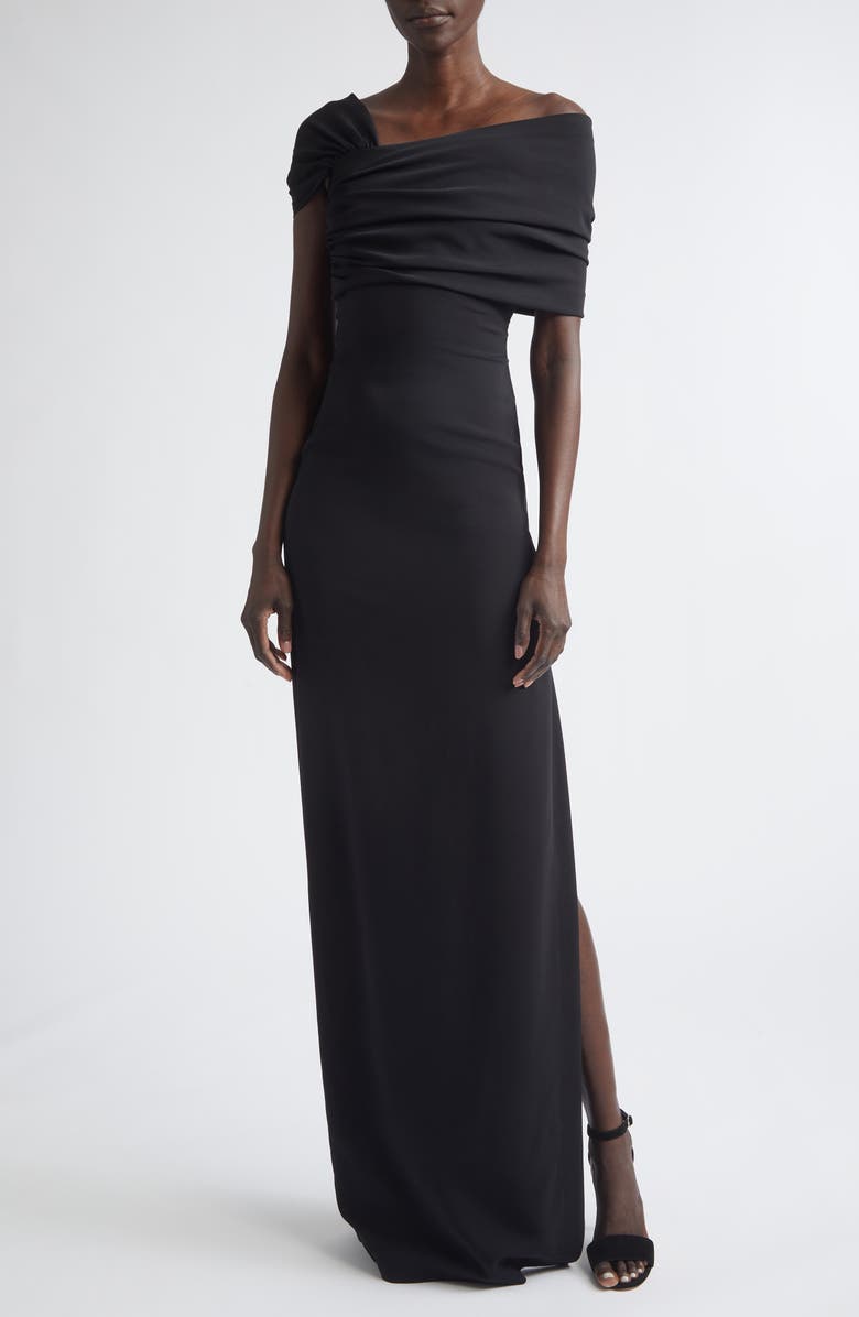 Oscar de la Renta Draped Sleeve Stretch Cady Gown, Main, color, Black
