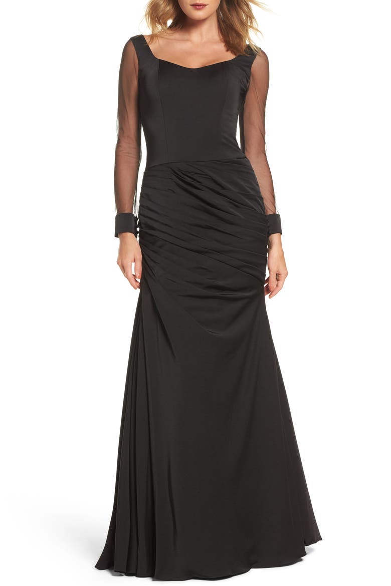 Sheer Sleeve Gown, Main, color, BLACK