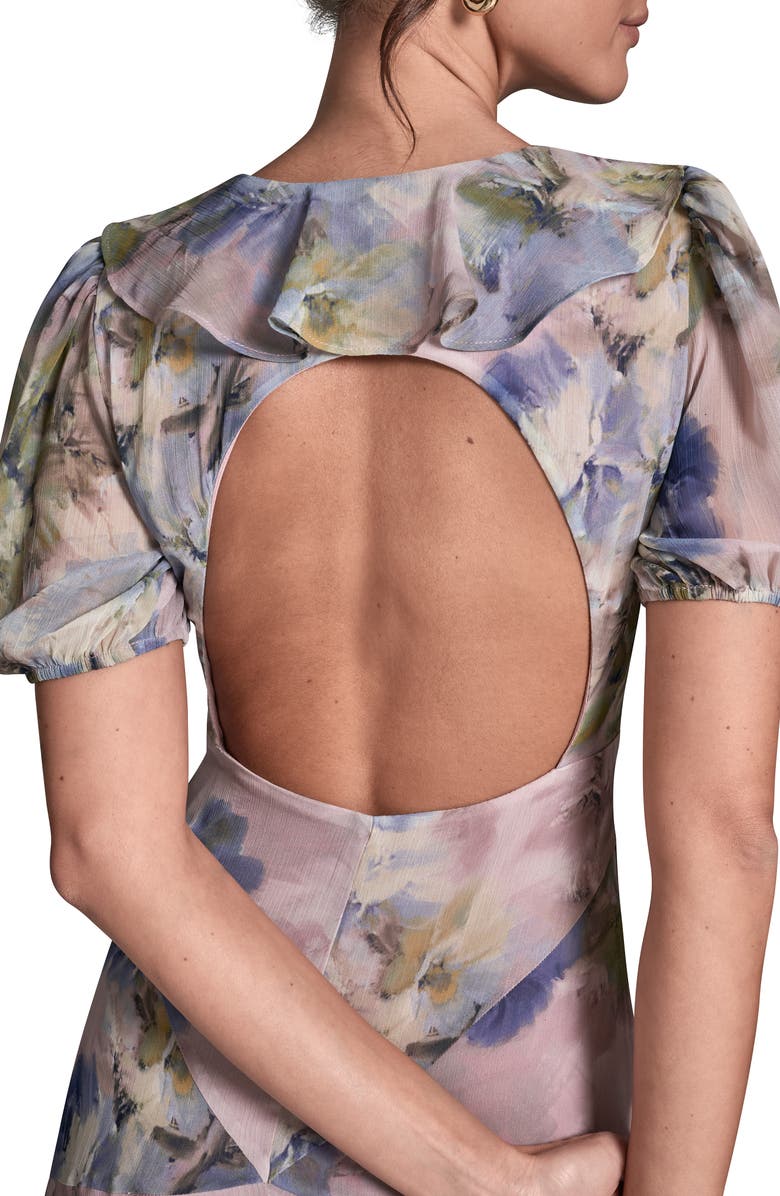 BCBG Floral Open Back Ruffle Midi Dress, Alternate, color, Lilac/ Sapphire Blue Multi