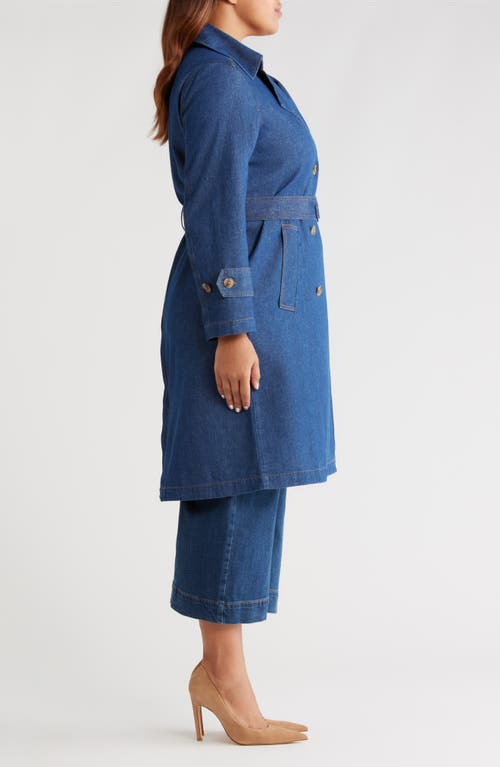 Anne Klein Chambray Double Breasted Belted Trench Coat In Blue